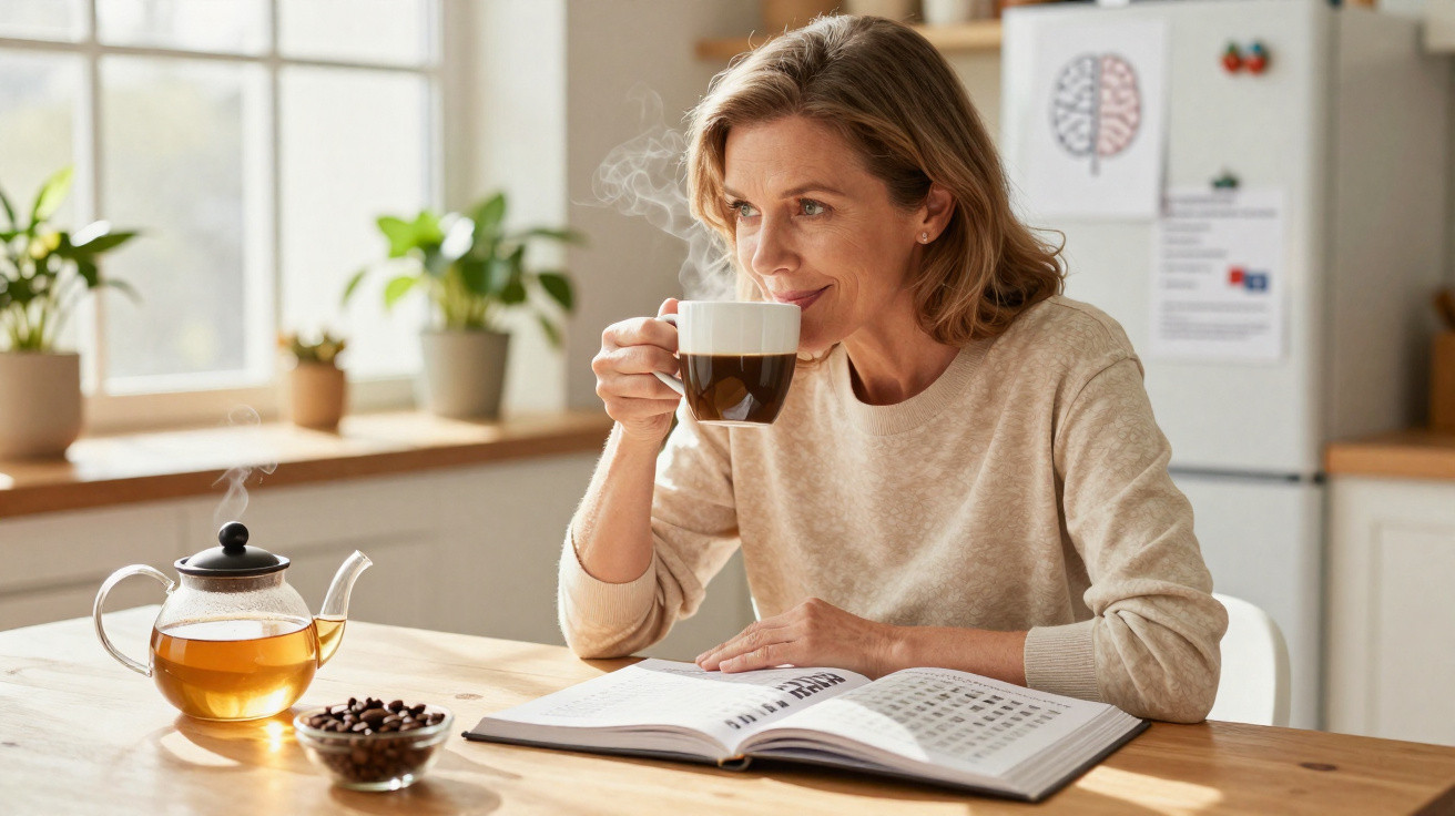 Mulher a beber chá quente e a ler livro numa mesa com chávena e bule fumegante.