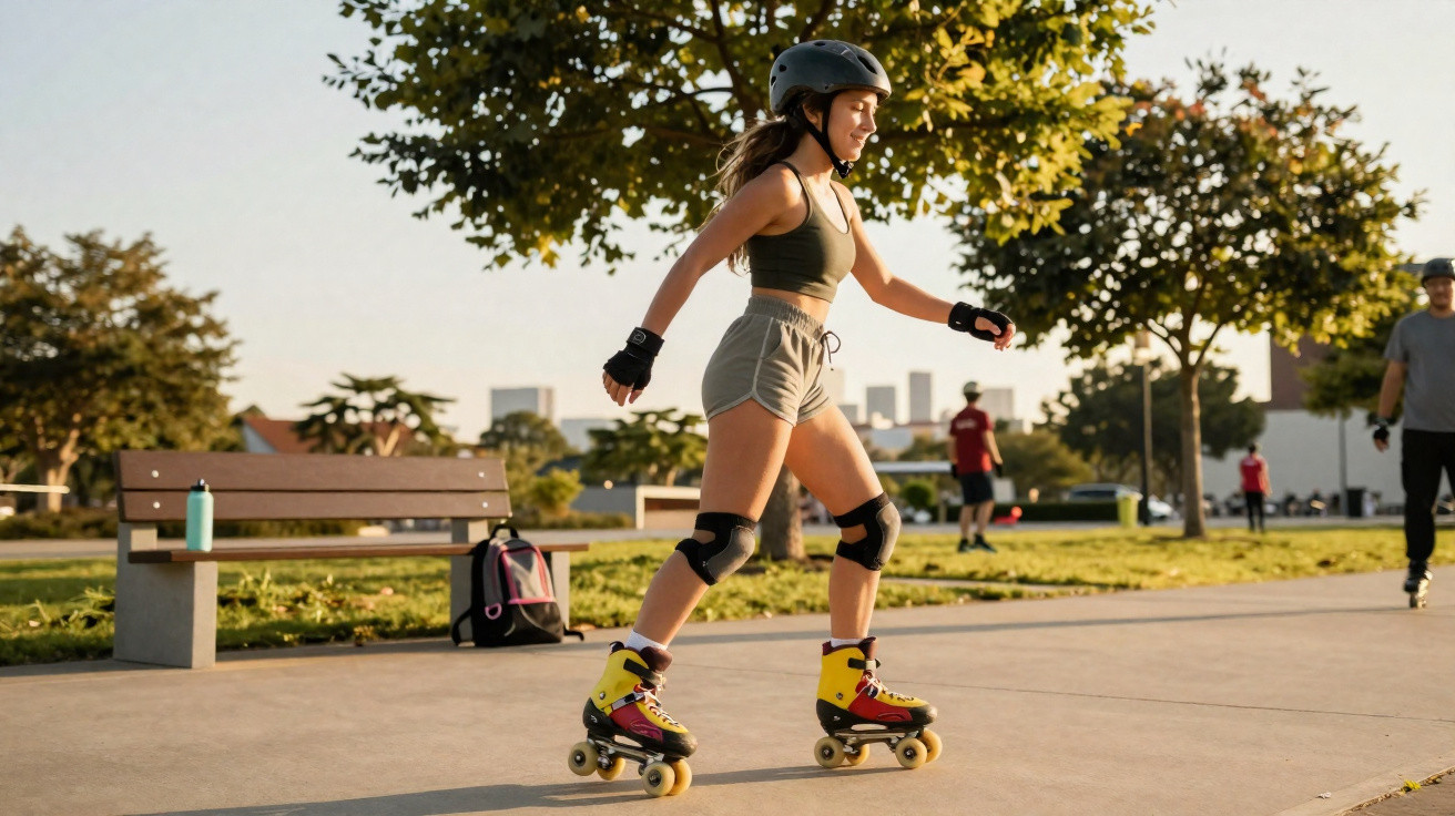 Mulher jovem com equipamento de proteção a andar de patins num parque ao final da tarde com outras pessoas ao fundo.