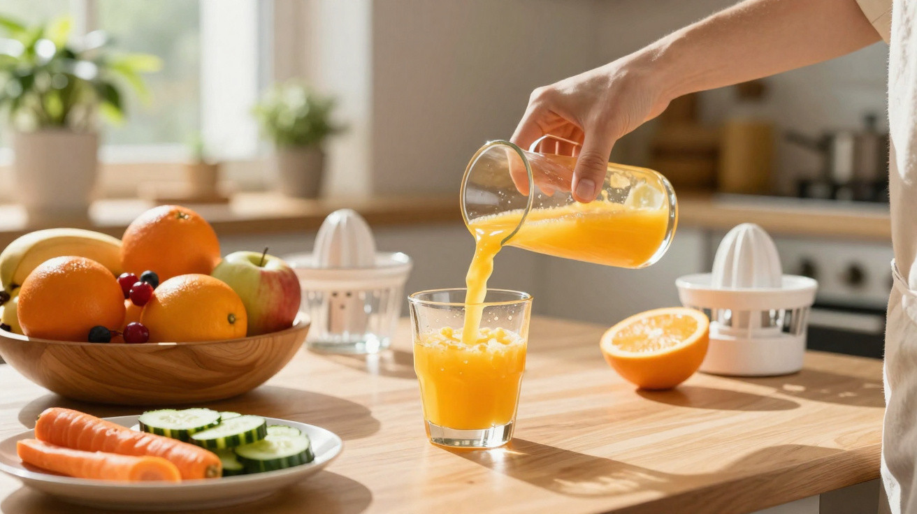 Pessoa a servir sumo de laranja num copo, com frutas e legumes frescos numa bancada de cozinha iluminada.