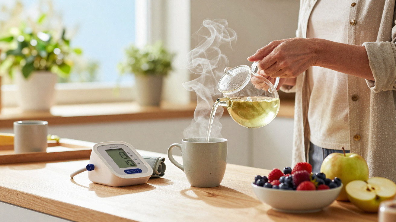 Pessoa a servir chá quente numa chávena, com monitor de tensão e frutas frescas numa mesa.