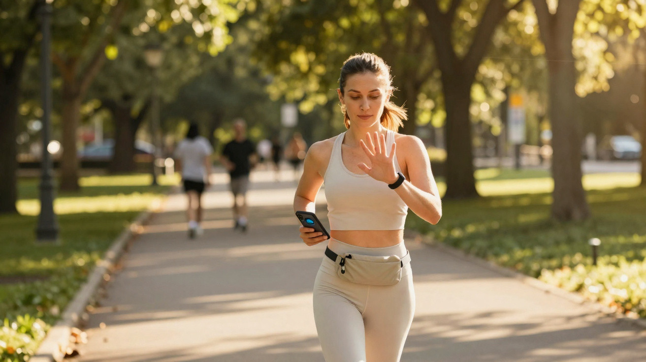Mulher a correr num parque durante o dia com roupa desportiva clara e auscultadores, segurando um telemóvel.