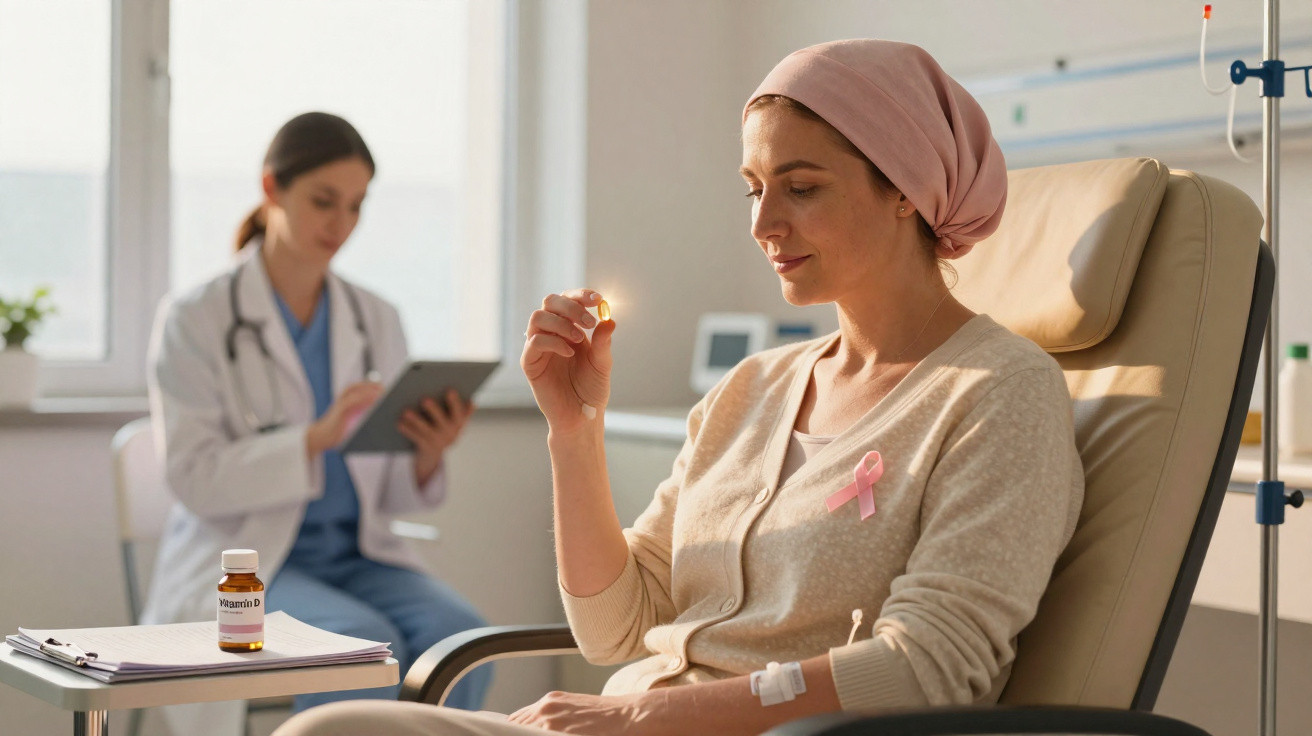 Mulher com lenço e fita rosa toma comprimido durante tratamento médico, profissional de saúde ao fundo.