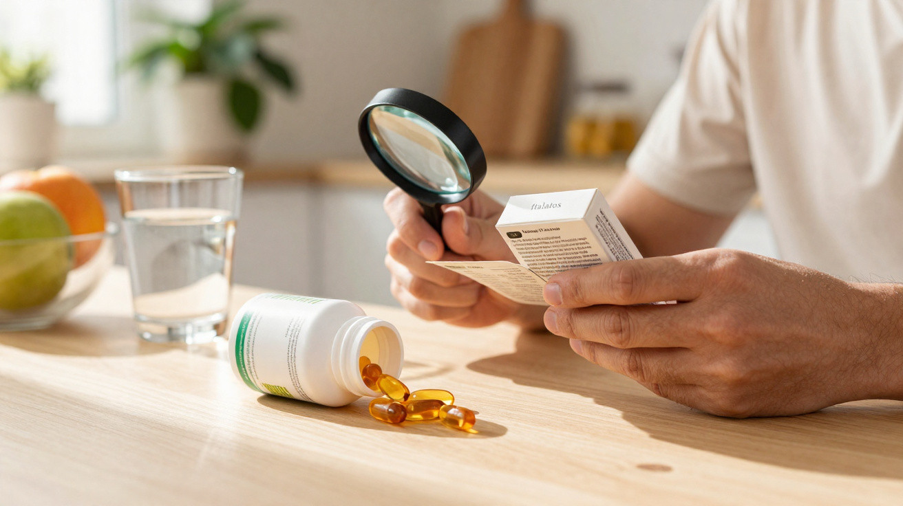 Pessoa analisa bula de medicamento com lupa enquanto cápsulas amarelas estão junto a frasco na mesa.