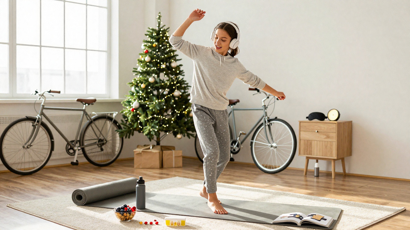 Jovem com auscultadores dança numa sala com árvore de Natal, bicicletas e acessórios de fitness.