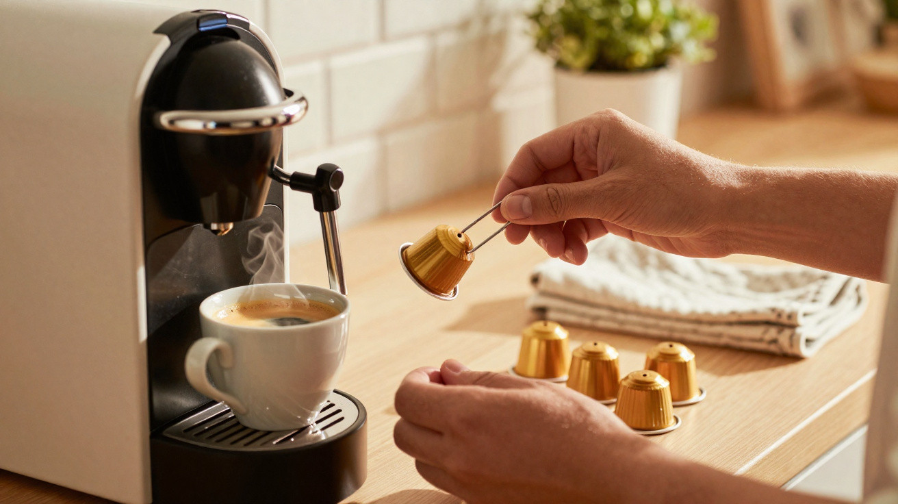 Pessoa a preparar café numa máquina com cápsulas douradas numa cozinha iluminada.