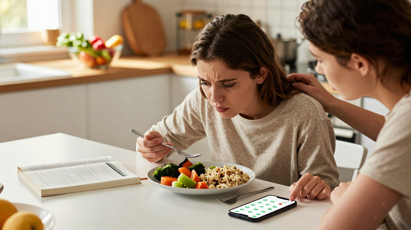 Jovem com expressão desconfortável olha para prato de comida, amiga conforta-a com mão no ombro numa cozinha.