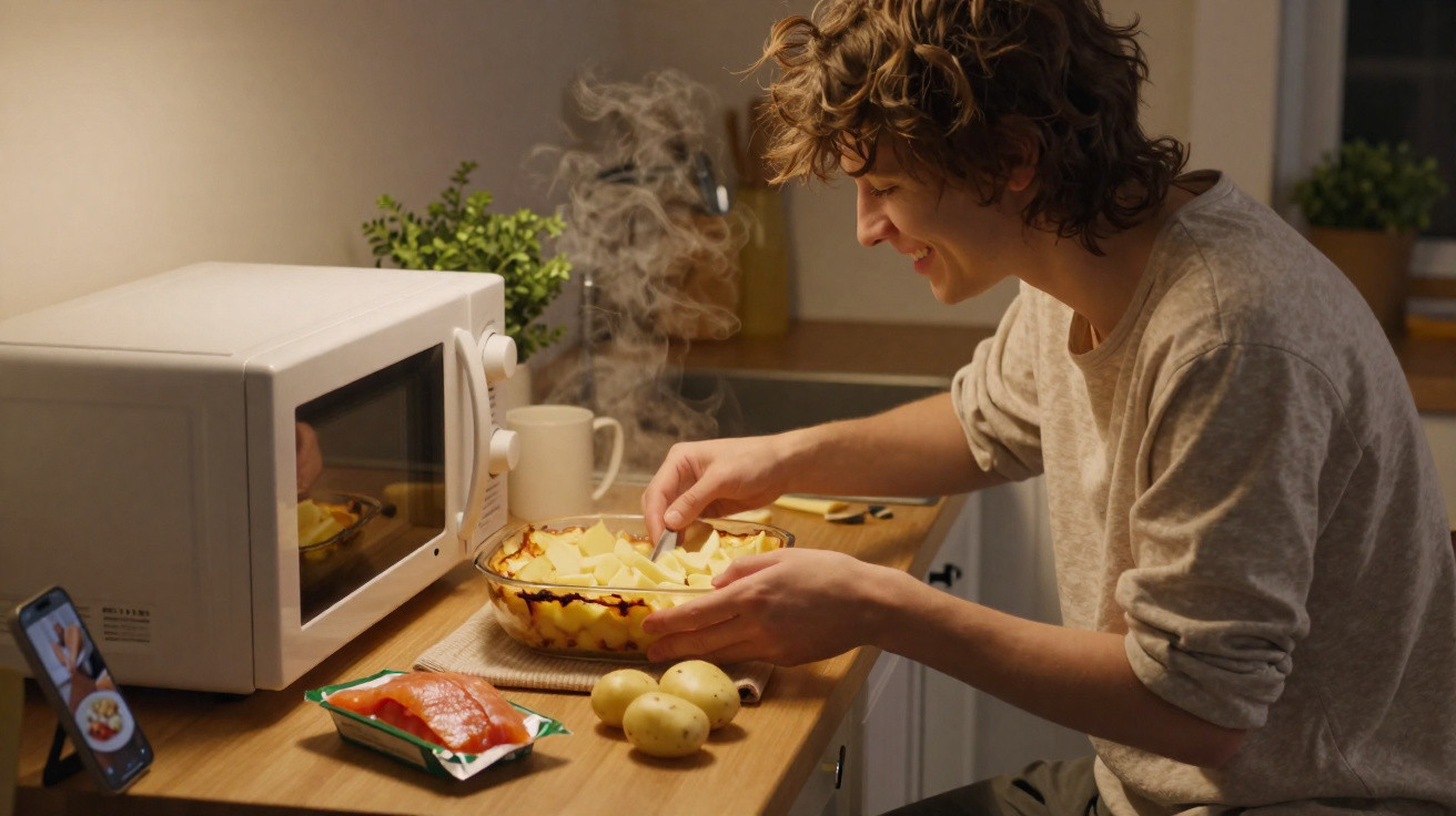 Pessoa jovem a preparar um prato na cozinha com batatas, micro-ondas e telemóvel a mostrar receita.