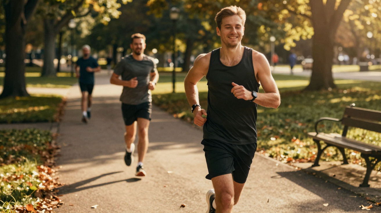 Três homens a correr num parque ensolarado, com árvores e banco ao lado do caminho.