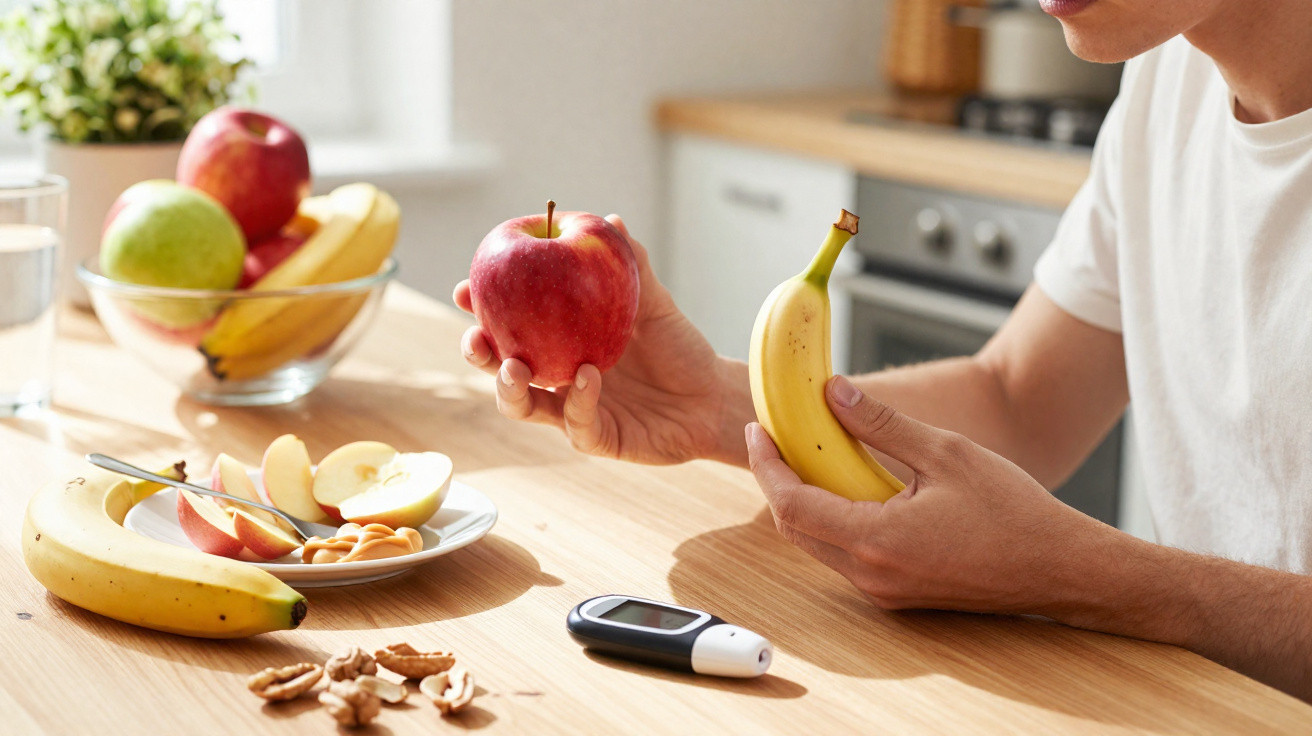 Pessoa avalia maçã e banana com medidor de glicose junto a frutas e nozes na cozinha.