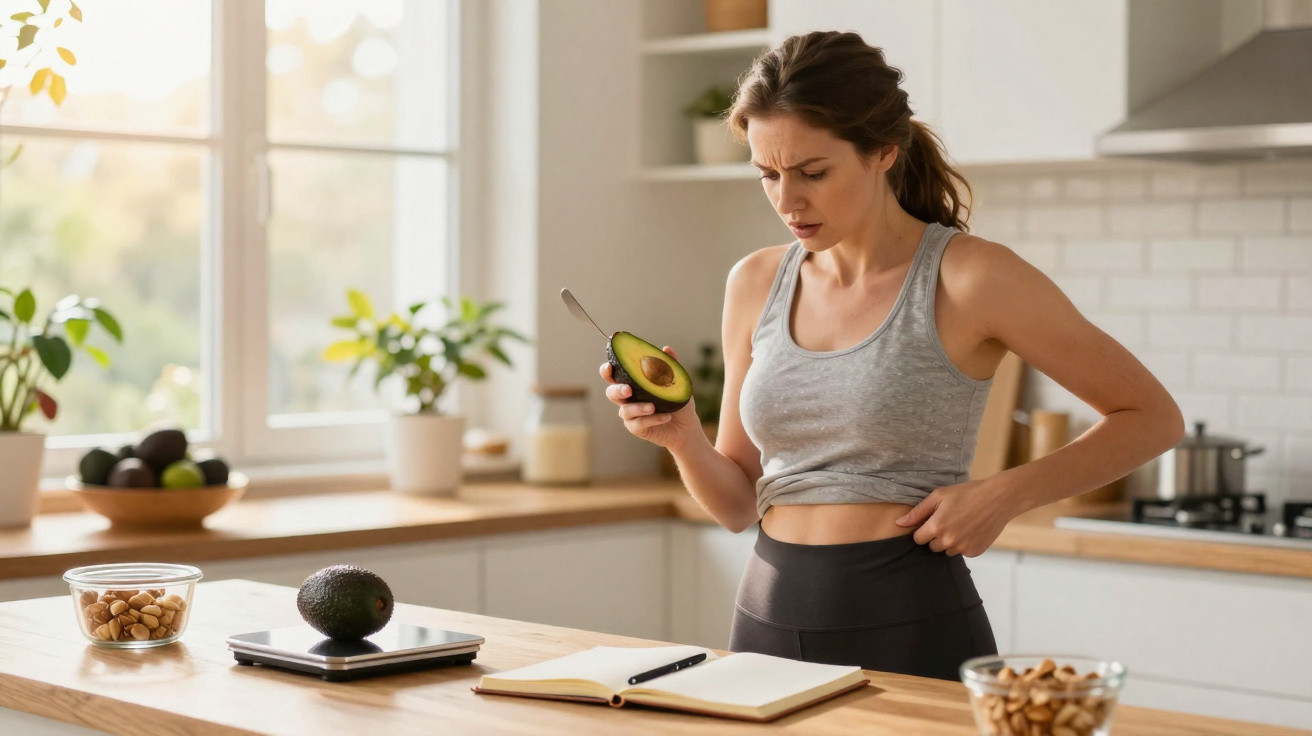 Mulher em roupa desportiva olha a barriga com preocupação enquanto segura meio abacate na cozinha.