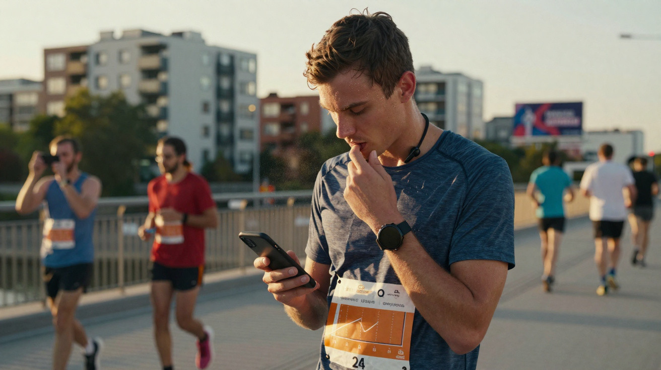 Corredor de marathon a consultar o telemóvel durante pausa numa prova urbana ao pôr do sol.