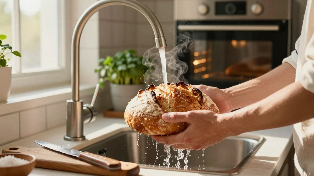 Pessoa a passar água quente sobre pão rústico em cozinhas moderna com luz natural.