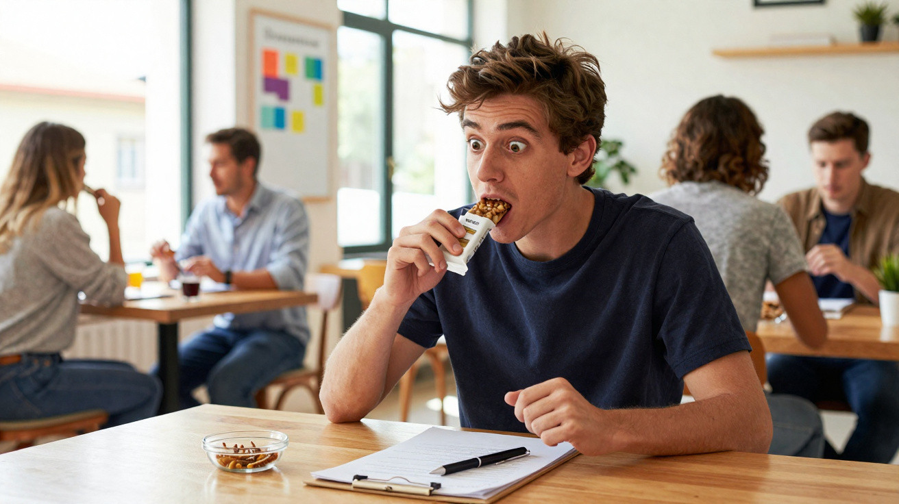 Jovem surpreendido a comer uma barra energética sentado numa mesa com colegas ao fundo num ambiente de escritório.