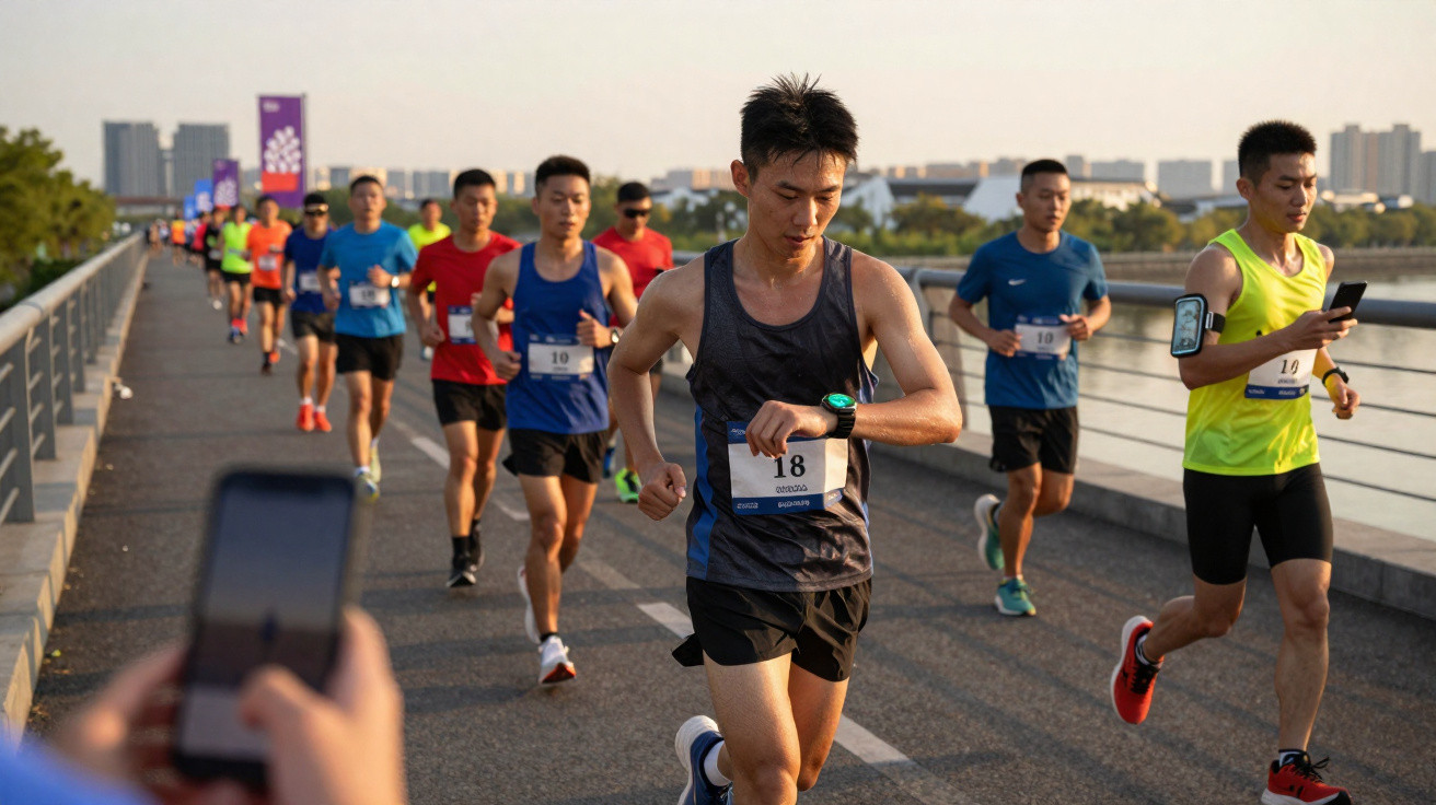 Corredores a participar numa corrida num percurso urbano junto a um rio ao fim da tarde.