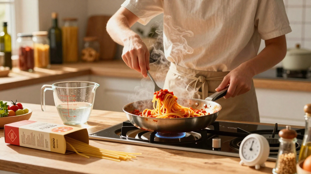 Pessoa a cozinhar esparguete com molho de tomate numa frigideira numa cozinha moderna.