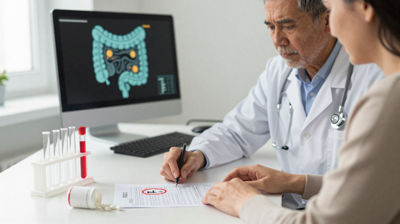 Médico explica resultados a paciente com imagem do sistema digestivo no ecrã do computador.