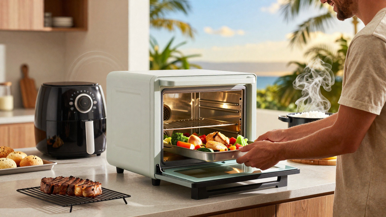 Pessoa a retirar tabuleiro com legumes e frango de pequeno forno em cozinha com vista para o mar.