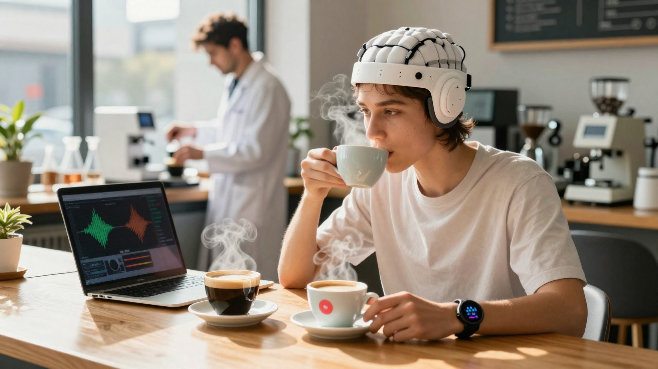 Jovem com capacete EEG bebe café junto a computador num laboratório com cientista ao fundo.