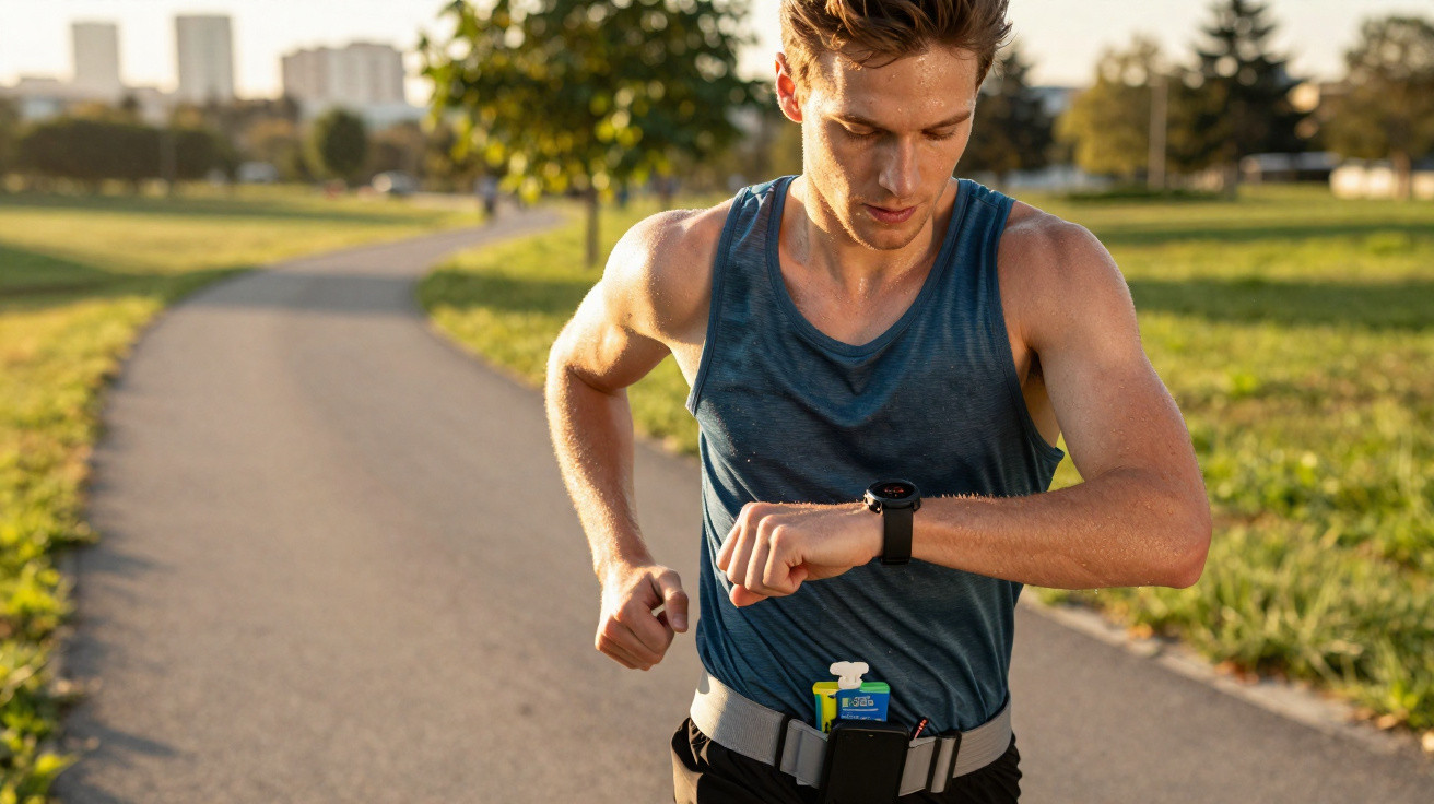 Homem a correr num parque, a olhar para o relógio inteligente no pulso.