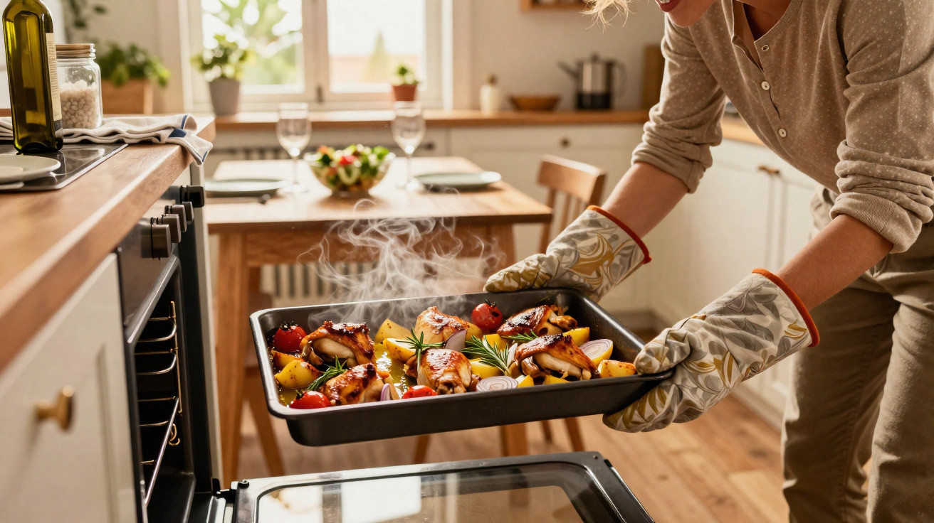 Pessoa a retirar do forno uma travessa com frango assado, batatas e legumes, numa cozinha luminosa.