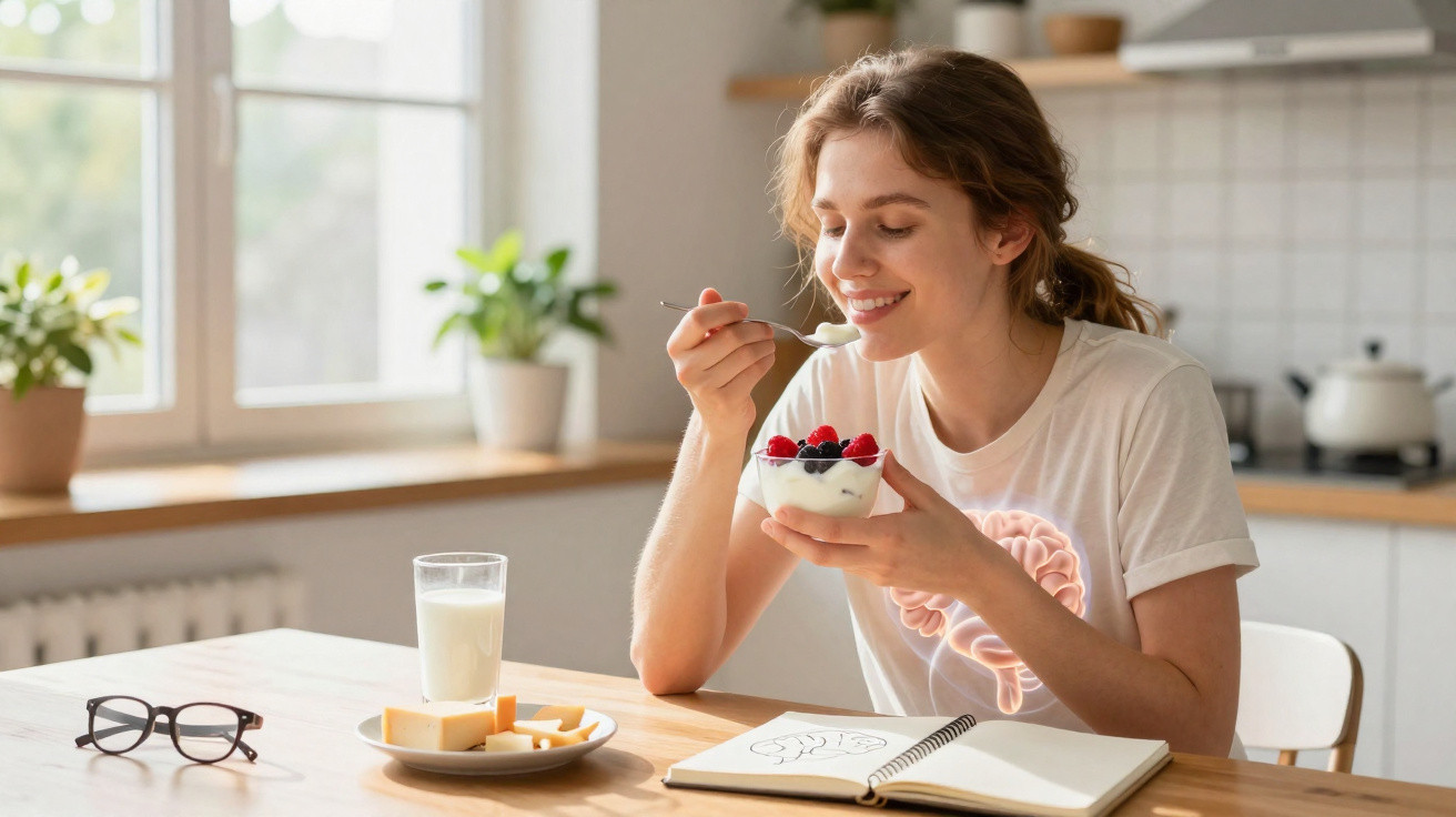 Mulher sorridente a comer iogurte com frutos vermelhos numa cozinha luminosa, com livro aberto e leite na mesa.