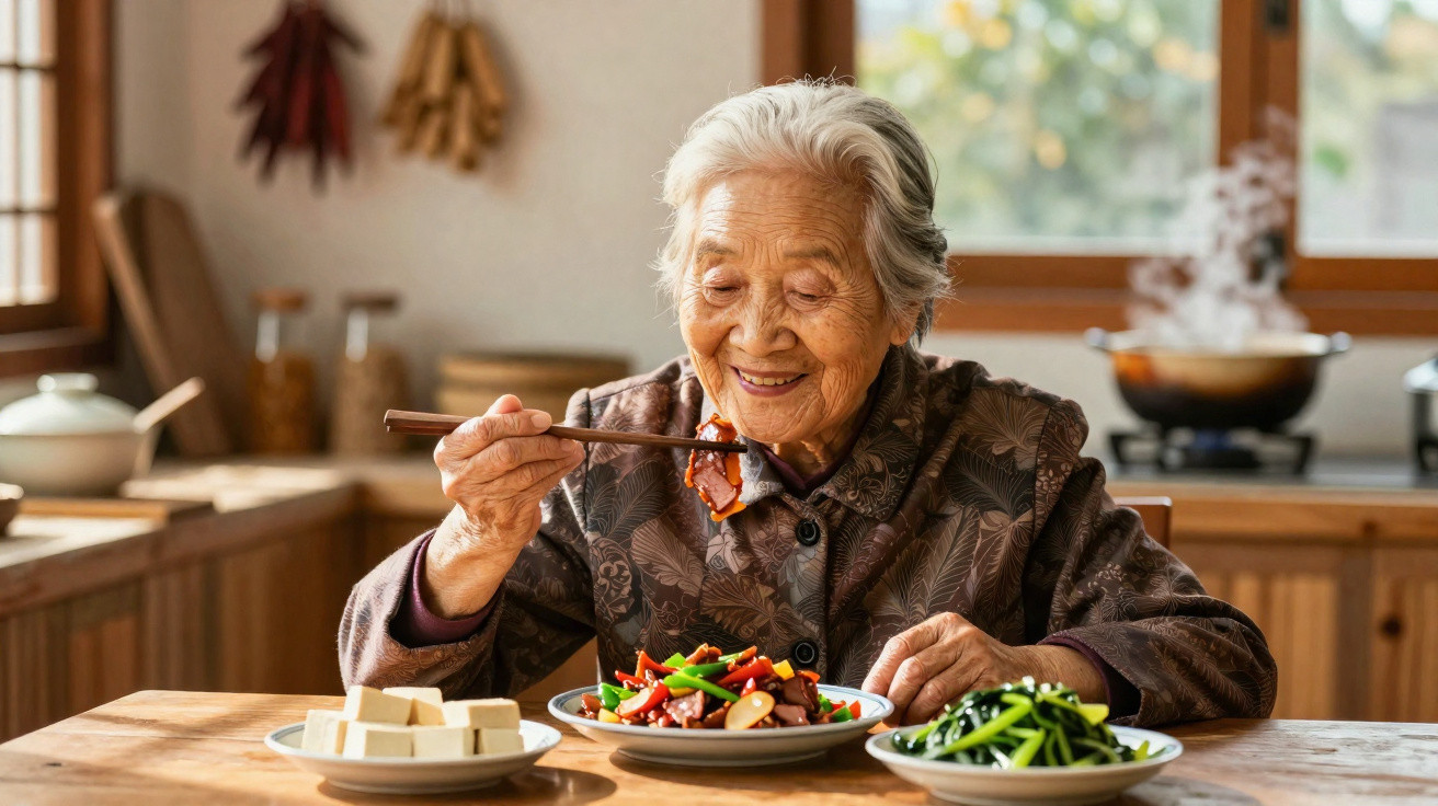 Idosa sorridente a comer legumes com pauzinhos numa cozinha tradicional luminosa.
