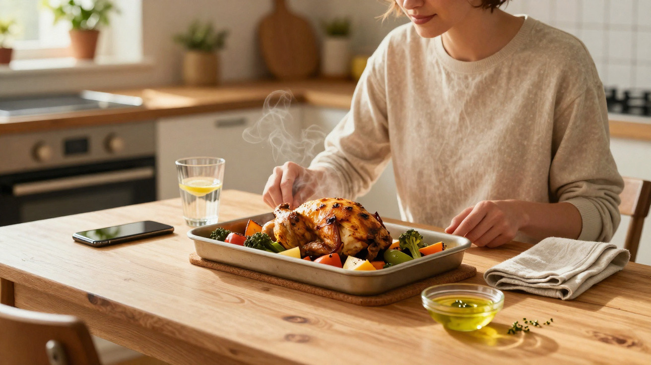 Pessoa sentada à mesa na cozinha, pronta para comer frango assado com legumes num tabuleiro.