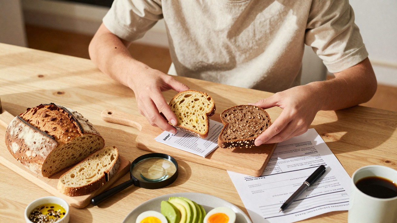 Pessoa a segurar fatias de pão integral e pão de centeio junto a mesa com comida e documentos.