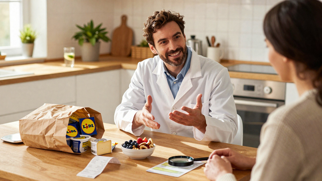 Nutricionista a conversar com paciente numa cozinha moderna, com alimentos e produtos Lidl sobre a mesa.