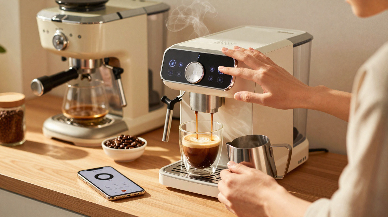 Máquina moderna a preparar café, mão humana a operar, jarro metálico e telemóvel numa bancada de madeira.