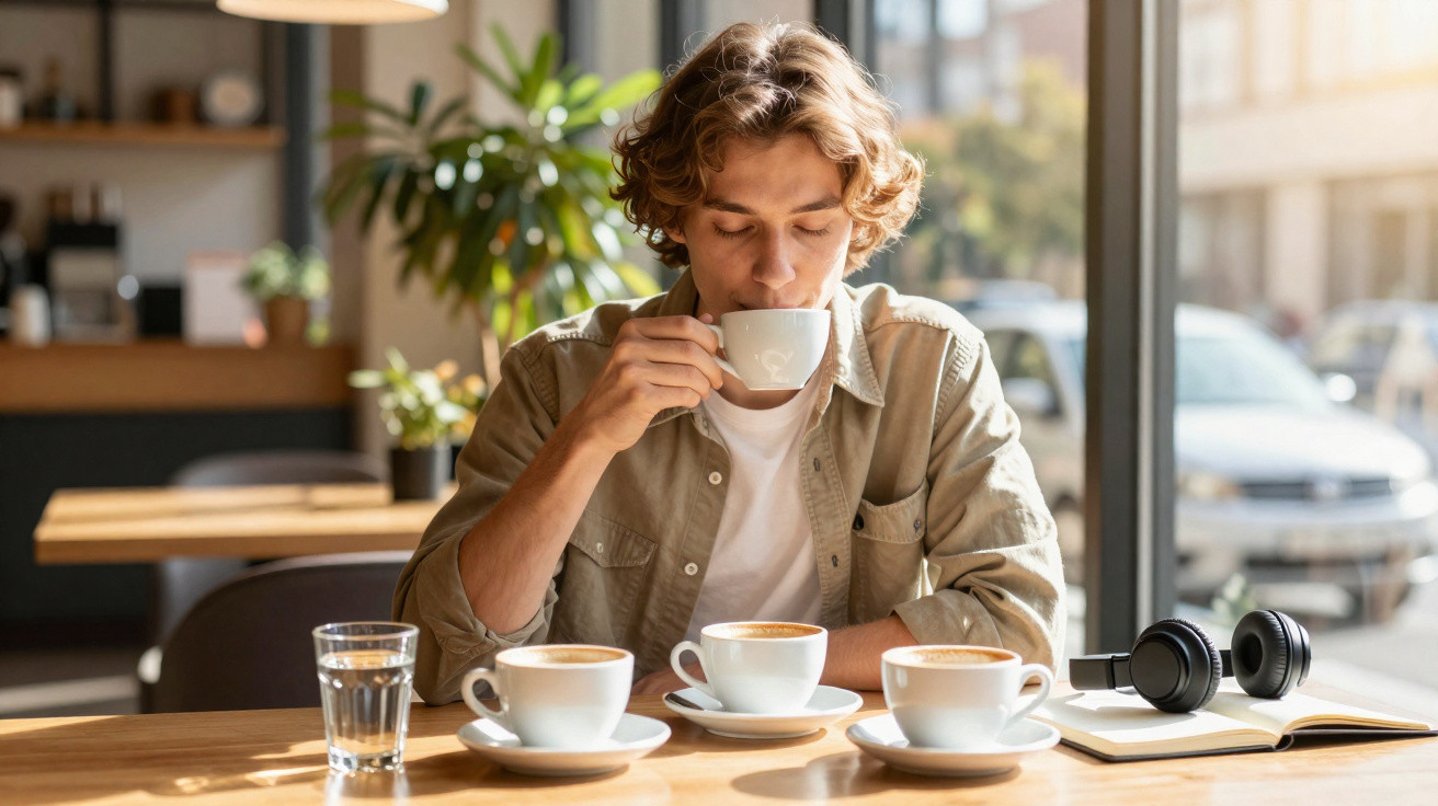 Homem jovem sentado numa cafetaria a degustar café, com três chávenas à sua frente e auscultadores ao lado.