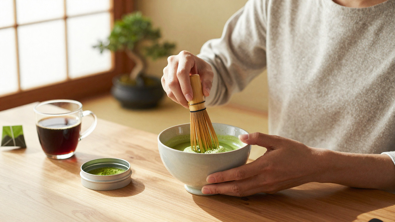 Pessoa a preparar chá matcha com bambu, numa mesa de madeira, ao lado de chá numa chávena de vidro.