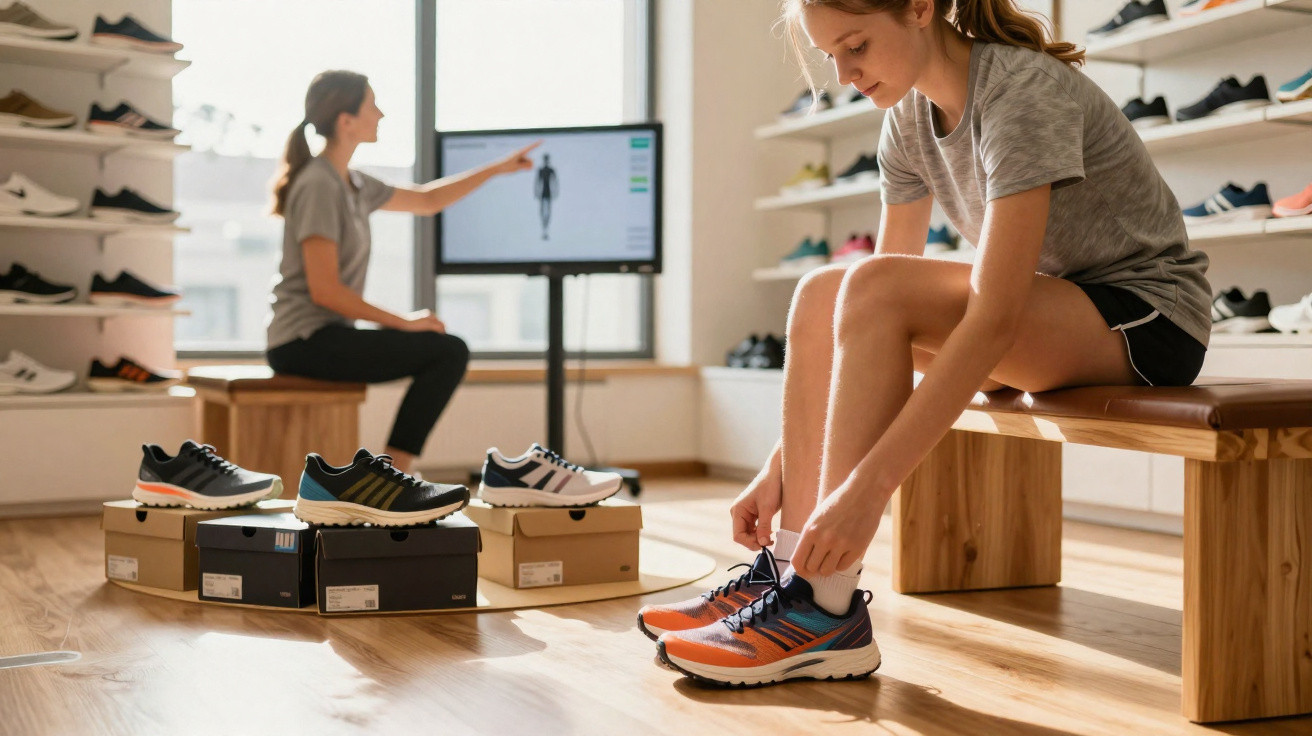 Mulher a experimentar sapatilhas desportivas numa loja enquanto funcionária explica num ecrã.