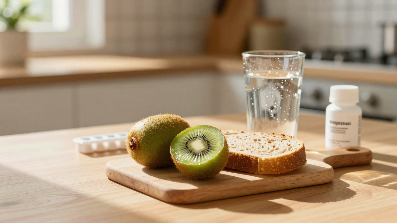 Tábua com kiwi, fatia de pão, copo de água, comprimidos e frasco de medicação numa mesa de cozinha.