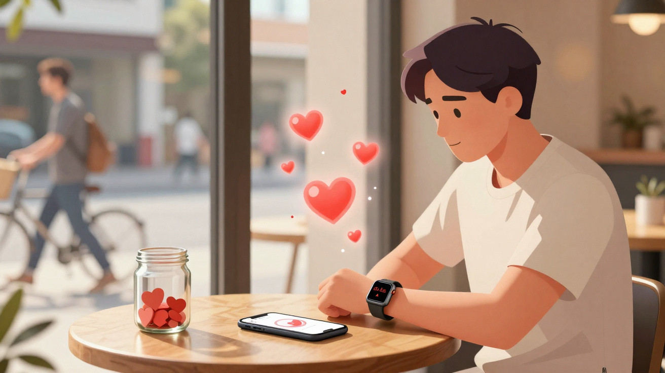 Jovem sentado numa mesa de café a olhar para o relógio inteligente com corações flutuantes e telemóvel com aplicação de namor