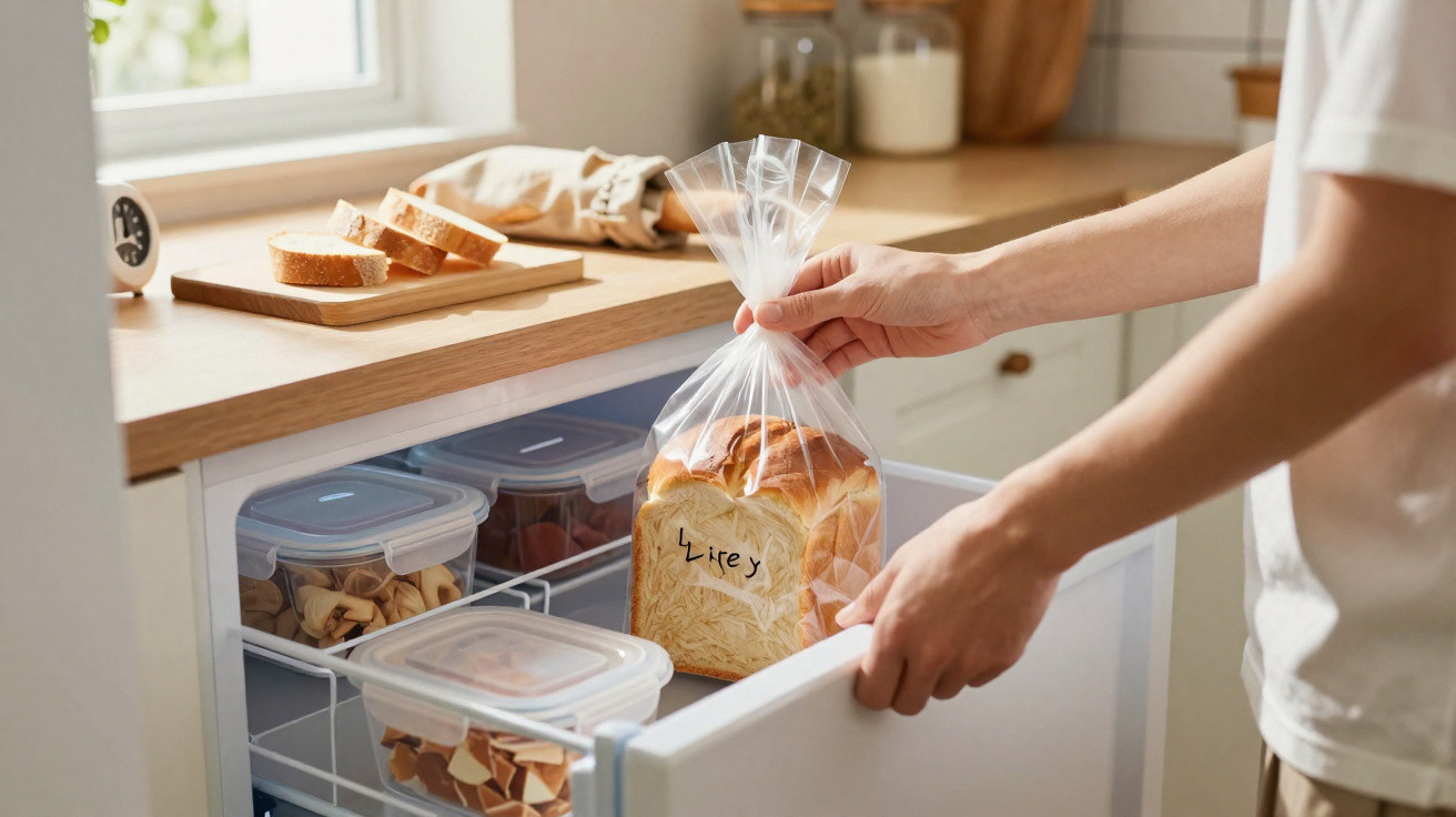 Pessoa a guardar pão numa gaveta de cozinha com recipientes de alimentos organizados.