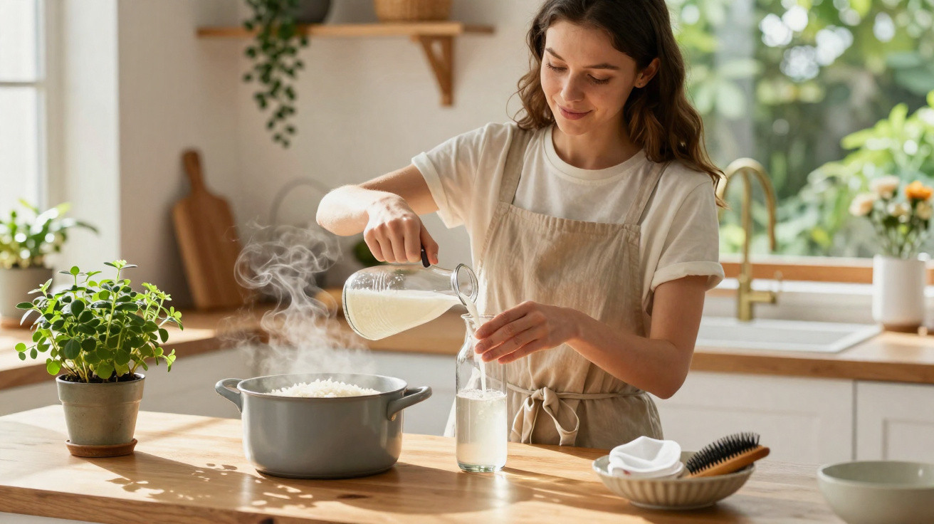 Mulher jovem a verter líquido de jarro para copo numa cozinha luminosa com panela a ferver.