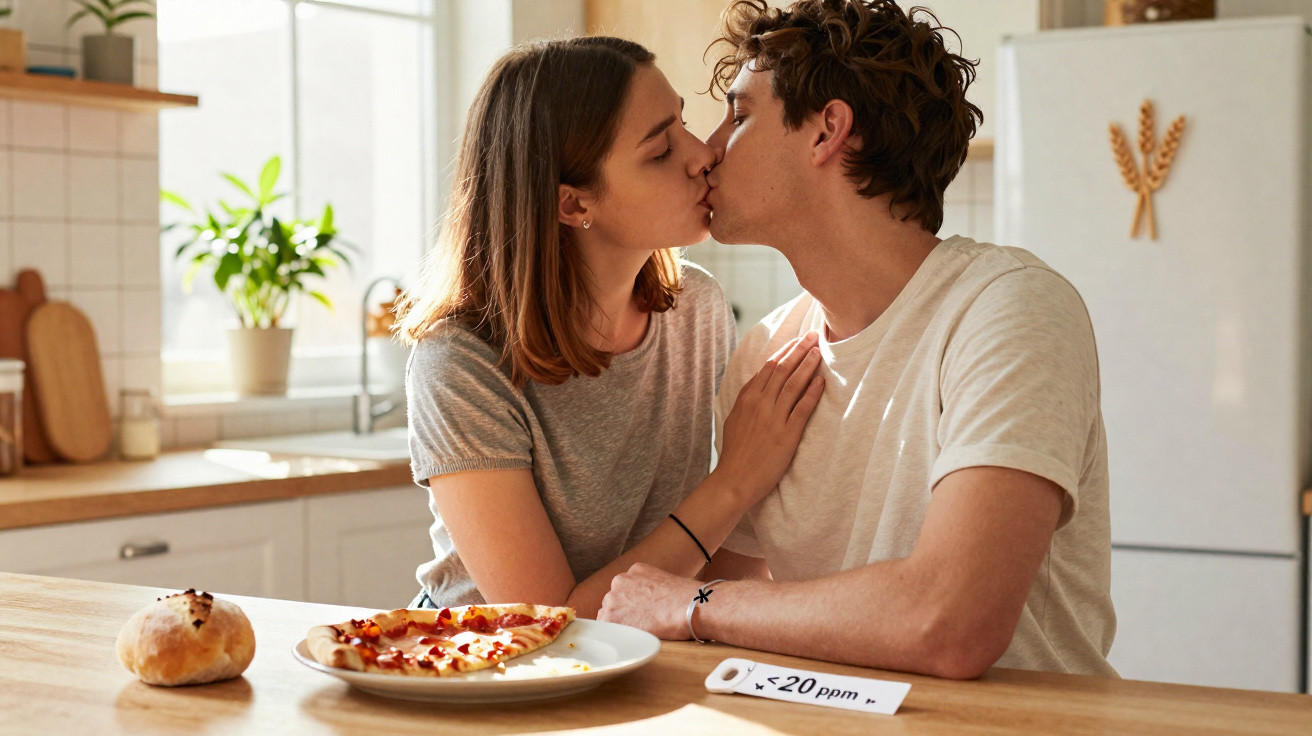 Casal jovem a beijar-se numa cozinha moderna, com pizza e pão na mesa iluminada pela luz natural.