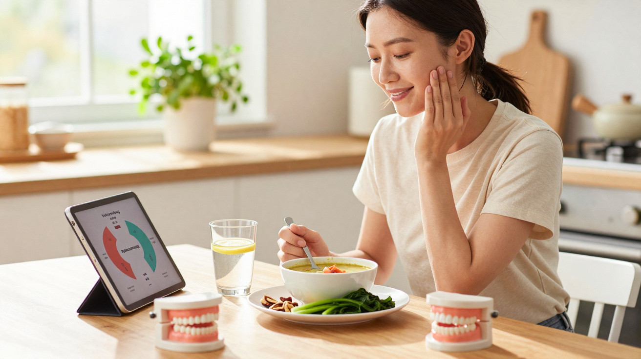 Mulher sentada à mesa a comer sopa, com tablet, copo de água e modelos dentários à frente numa cozinha iluminada.