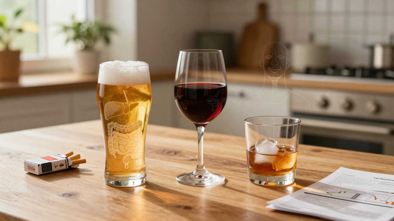 Três copos com bebidas alcoólicas em cima de uma mesa de madeira, perto de cigarros e jornal.