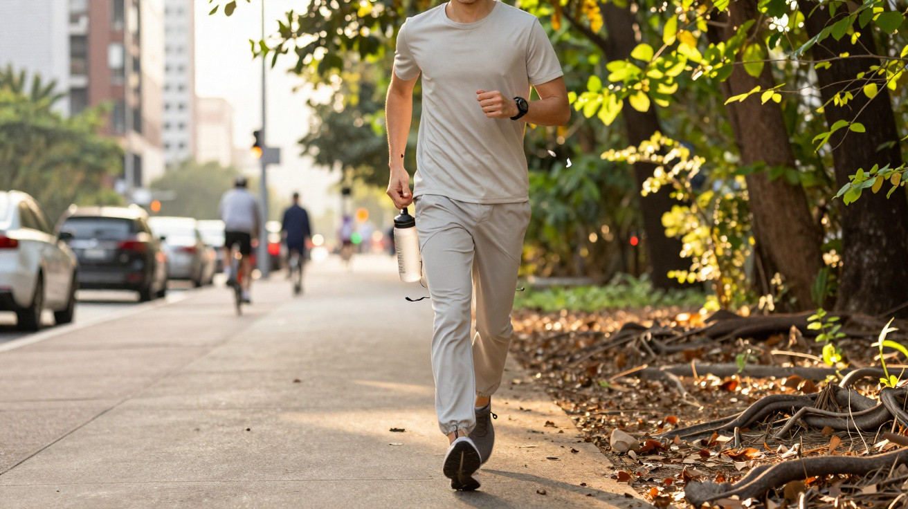 Homem a correr em roupa desportiva cinza numa calçada urbana com árvores e carros ao fundo.