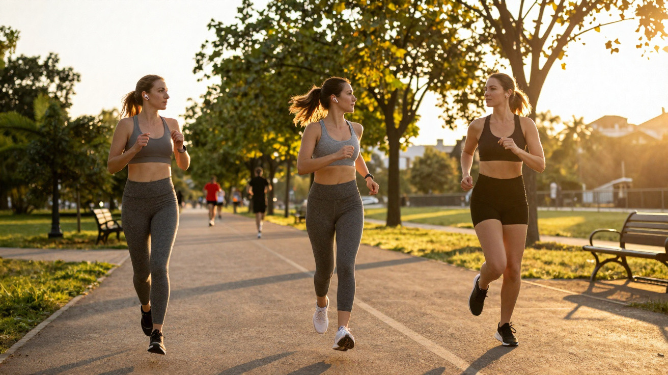 Três mulheres jovens a correr num parque ao entardecer em dia soalheiro, com árvores e bancos ao redor.