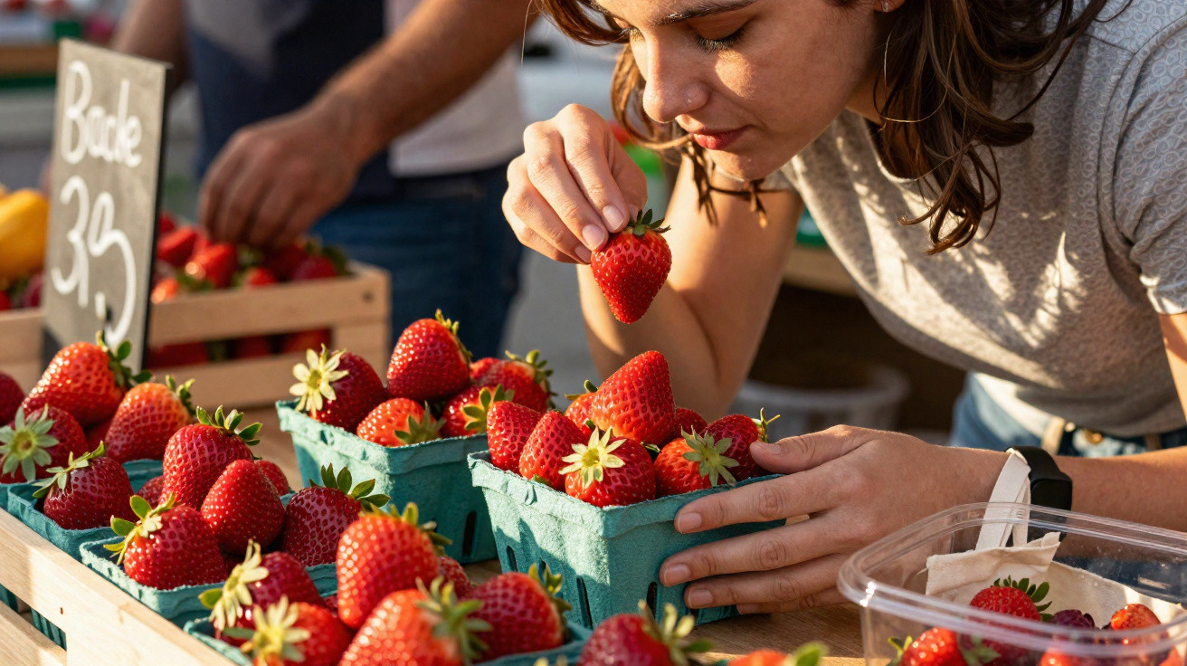 Mulher cheira morango fresco numa banca de fruta num mercado ao ar livre.