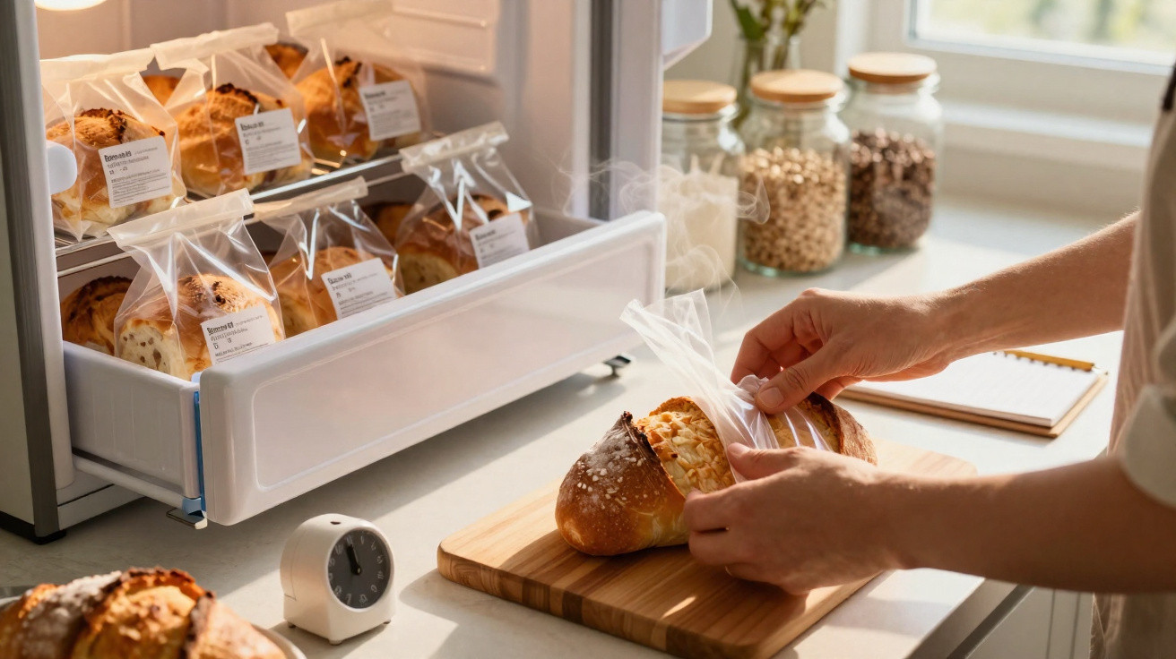 Pessoas a embalar pães frescos em sacos plásticos junto a um expositor de pão numa cozinha iluminada.
