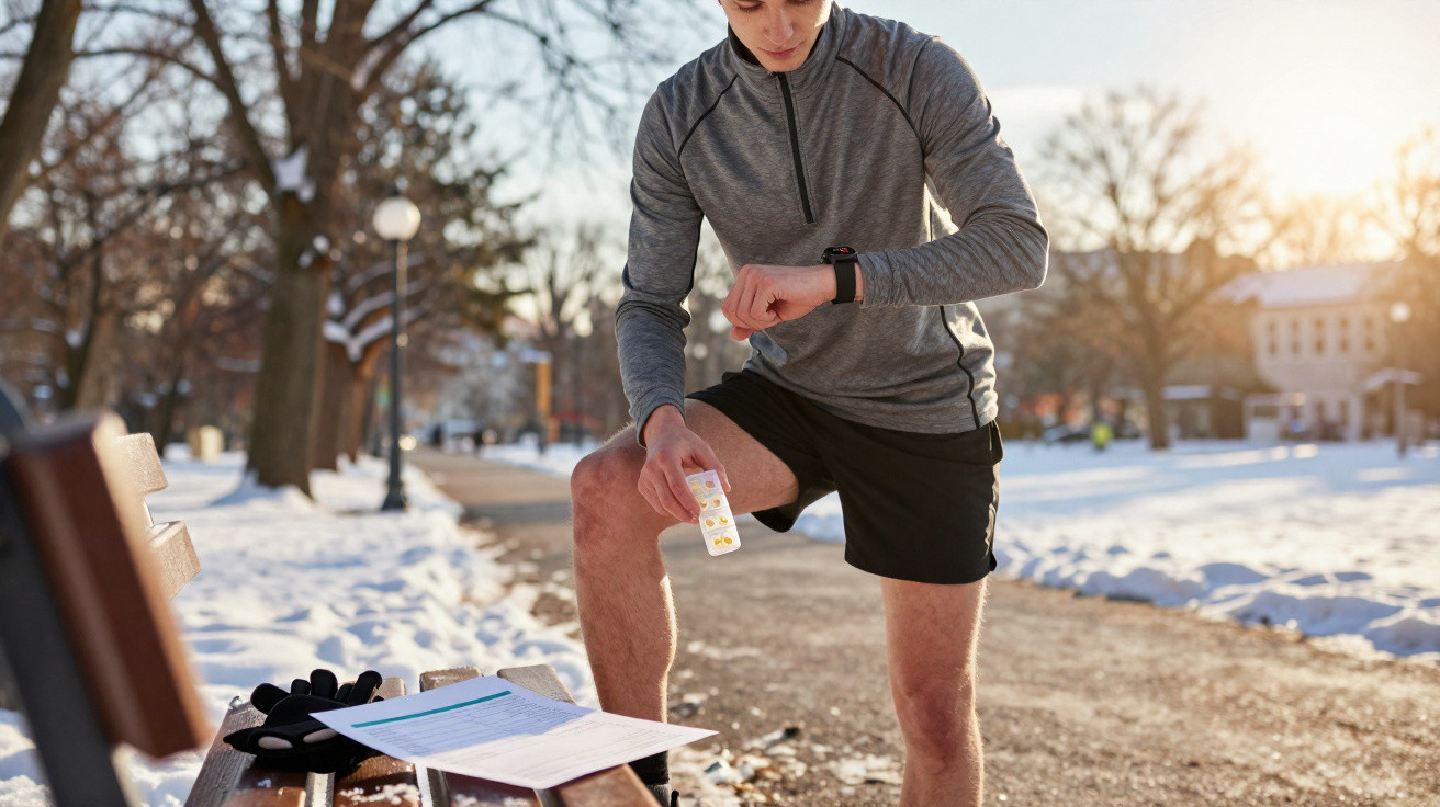 Homem com roupa desportiva verifica relógio enquanto segura teste rápido ao ar livre no inverno.
