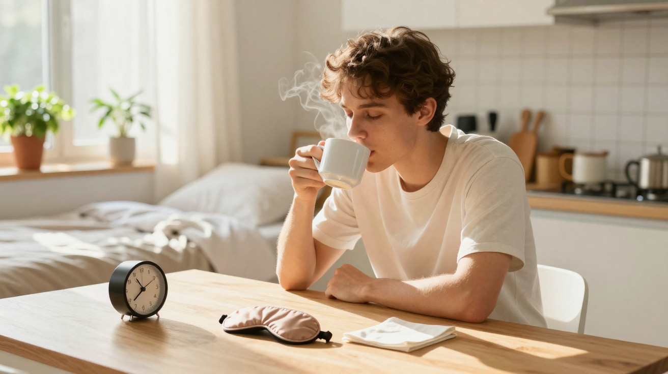 Jovem sentado à mesa a beber chá quente, com máscara de dormir, lenço de papel e relógio à sua frente.
