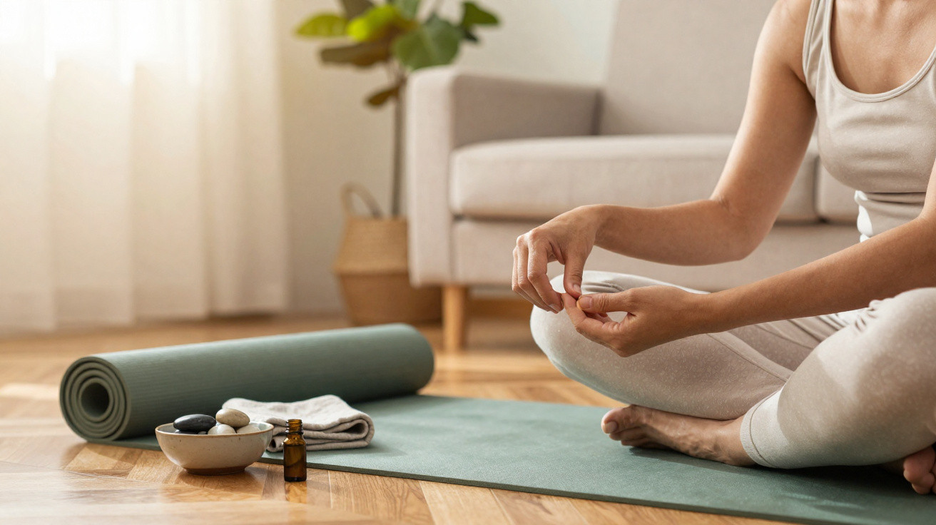 Pessoa em posição de meditação num tapete de yoga com objetos de relaxamento ao lado numa sala iluminada.