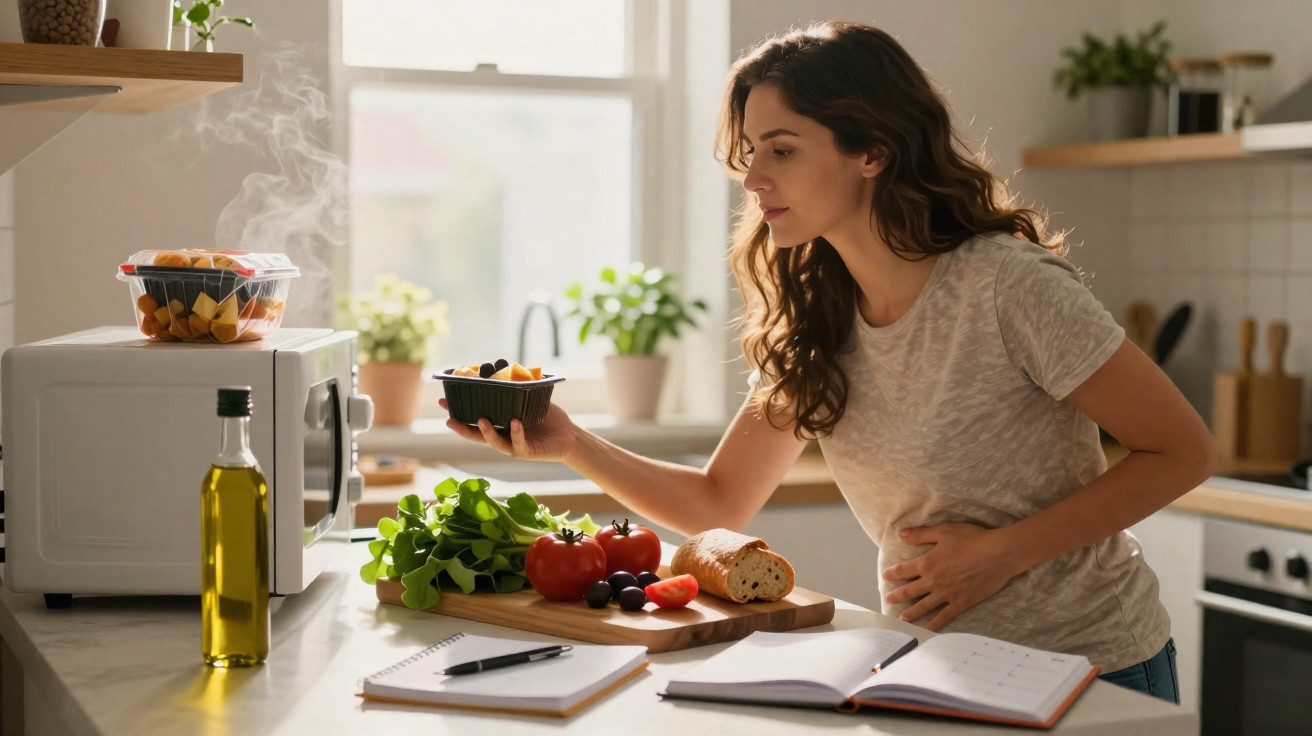 Mulher a retirar comida quente do micro-ondas numa cozinha moderna com legumes e livro aberto na bancada.