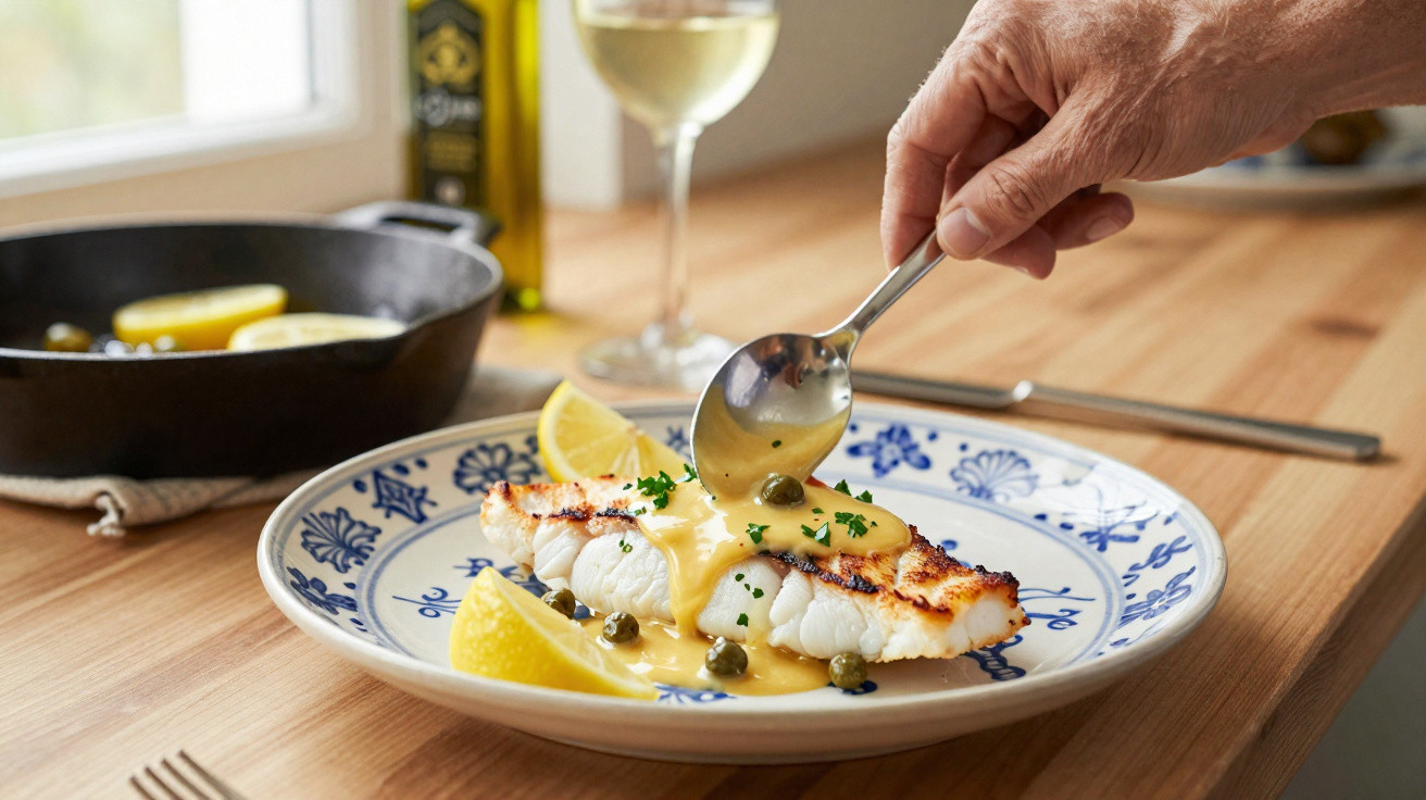 Prato de peixe grelhado com molho amarelo, alcaparras e limão, sendo servido com colher.