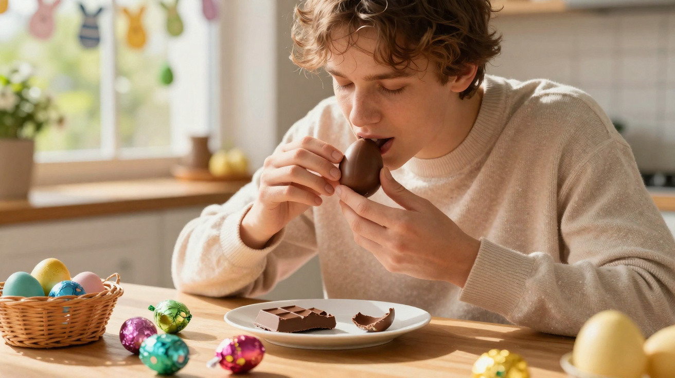 Rapaz a comer um ovo de chocolate partido, rodeado por ovos de Páscoa coloridos numa cozinha iluminada.